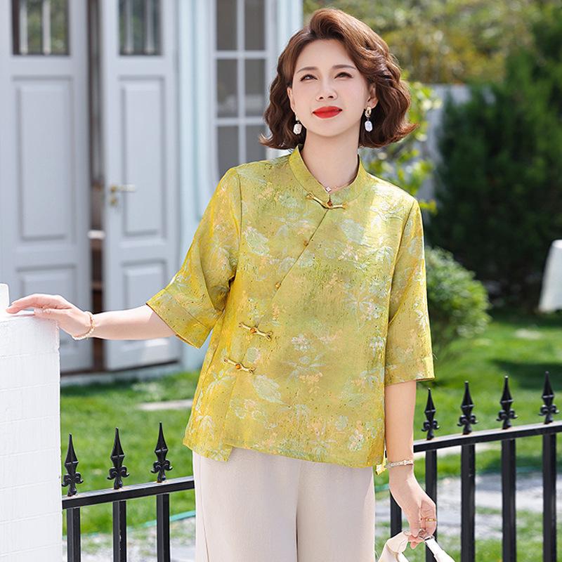 

Elegant Chinese Style Spring Jacket for Middle-Aged and Elderly Women, Thin and Loose Fit for Spring and Autumn 3XL (recommended for 120-135 jin) зелений