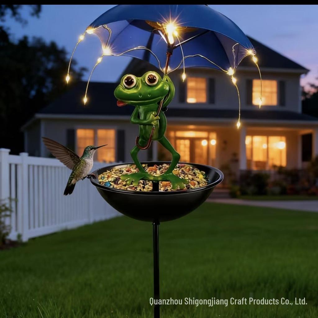 Wrought Iron Frog Bird Feeder with Solar Lamp & Umbrella Stand