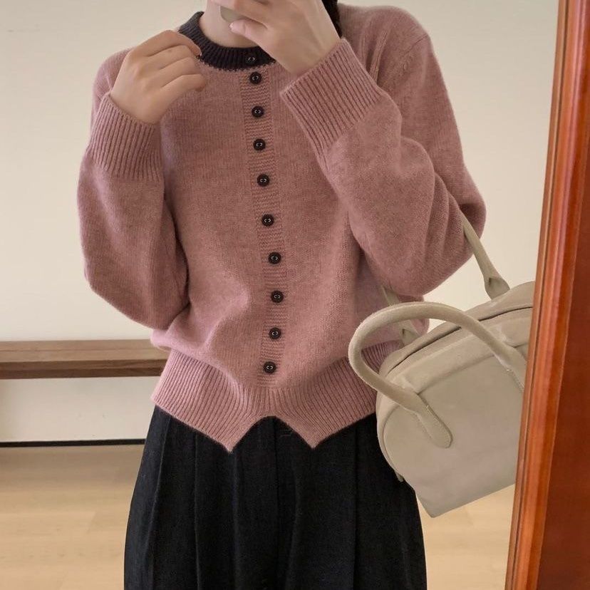 Single-breasted Knitted Sweater for Women Korean-style Round-neck Sweater Loose and Fashionable Long-sleeved Pullover for Women In Autumn and Winter