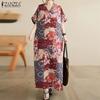 ZANZEA Womens Vintage Short Sleeve Floral Print Casual Long Dress
