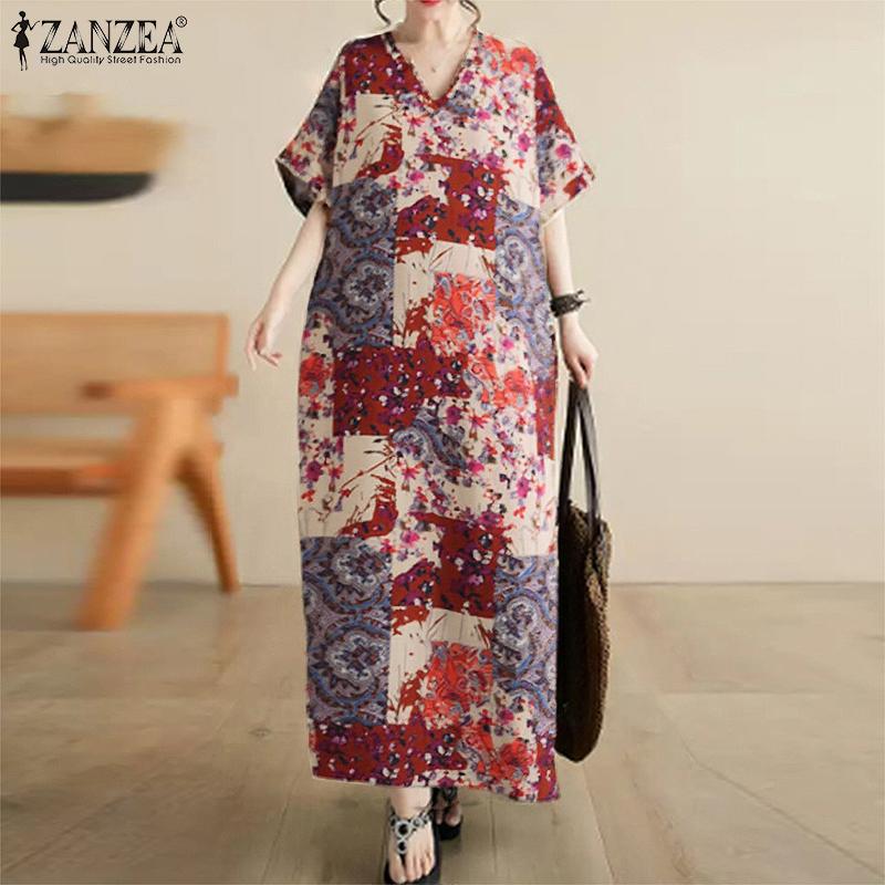 ZANZEA Womens Vintage Short Sleeve Floral Print Casual Long Dress
