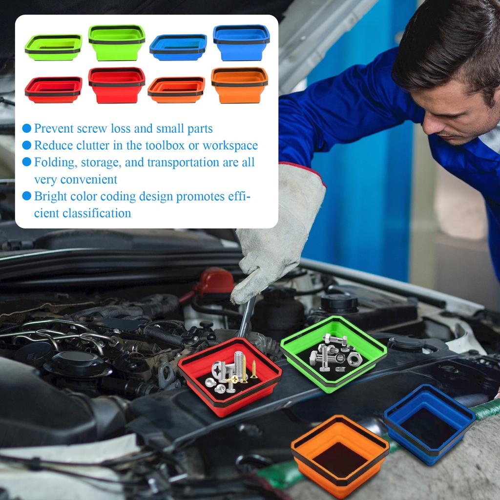 4pcs Silicone Foldable Magnetic Square Parts Storage Tray, Strong Magnetic Folding Storage Box