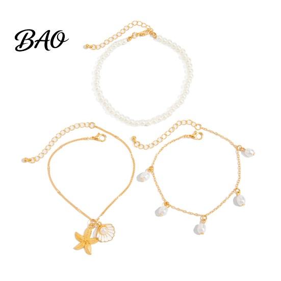 Imitation Pearl Anklet Beach for Women, Starfish Shell Fish Tail Pendant Boho Water-friendly Bracelet, Layered Faux Foot Chain Summer Vacation