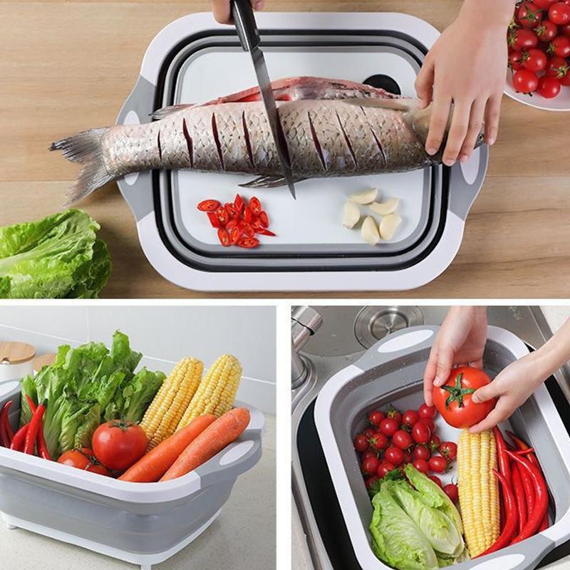 Foldable Cutting Board With Drain Basket Multi-purpose Kitchen Outdoor Chopping Block Portable Plastic Wash Basin Easy To Clean