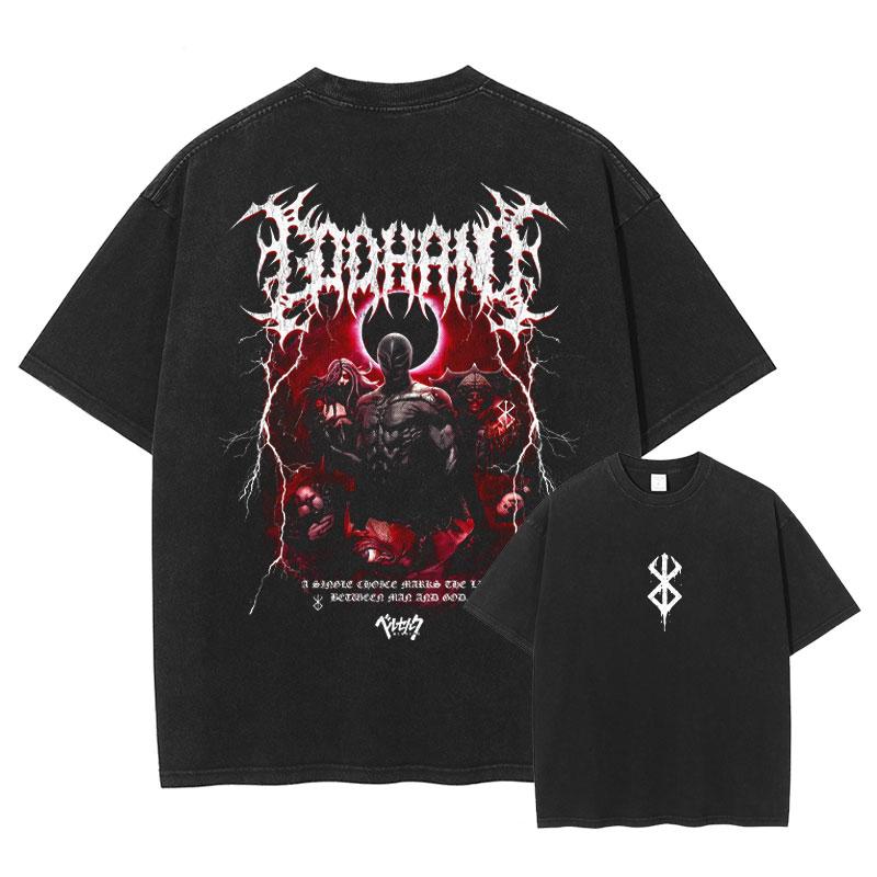 Japan Anime Berserk Graphic Washed TShirt Men Manga Cotton Tshirts Casual Vintage Gothic T Shirt Harajuku Male Street T-shirt