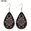 Elegant Mandala Floral Black White PU Drop Dangle Earrings for Women, Boho Mandala Flower Beach Theme Double Sided Hoop Earring