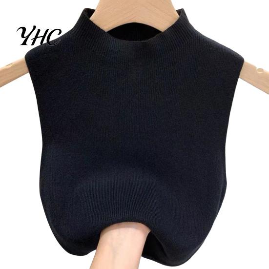Women Vest Knitted Tops Slim Fit Half-High Collar Sleeveless Versatile Top Solid Color Stretchy Knit Blouse Daily Wear