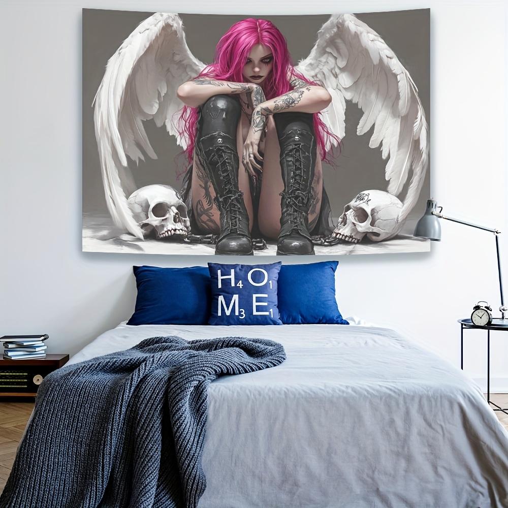 Pink Hair Angel With White Wings Skulls Tattooed Woman Wall Tapestry Gothic Art Decor Dark Aesthetic Home Interior Design
