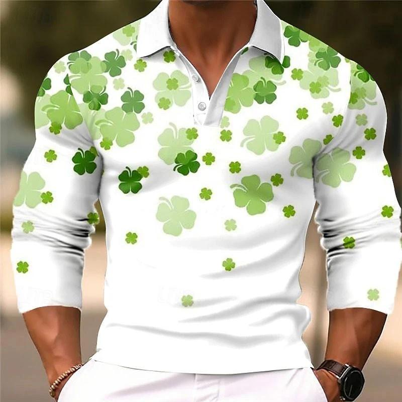 

Men s 3D Printed Clover Pattern Long Sleeved Polo Shirt Fashionable Business Casual Fashionable Comfortable Men s Clothing 3XL зелений
