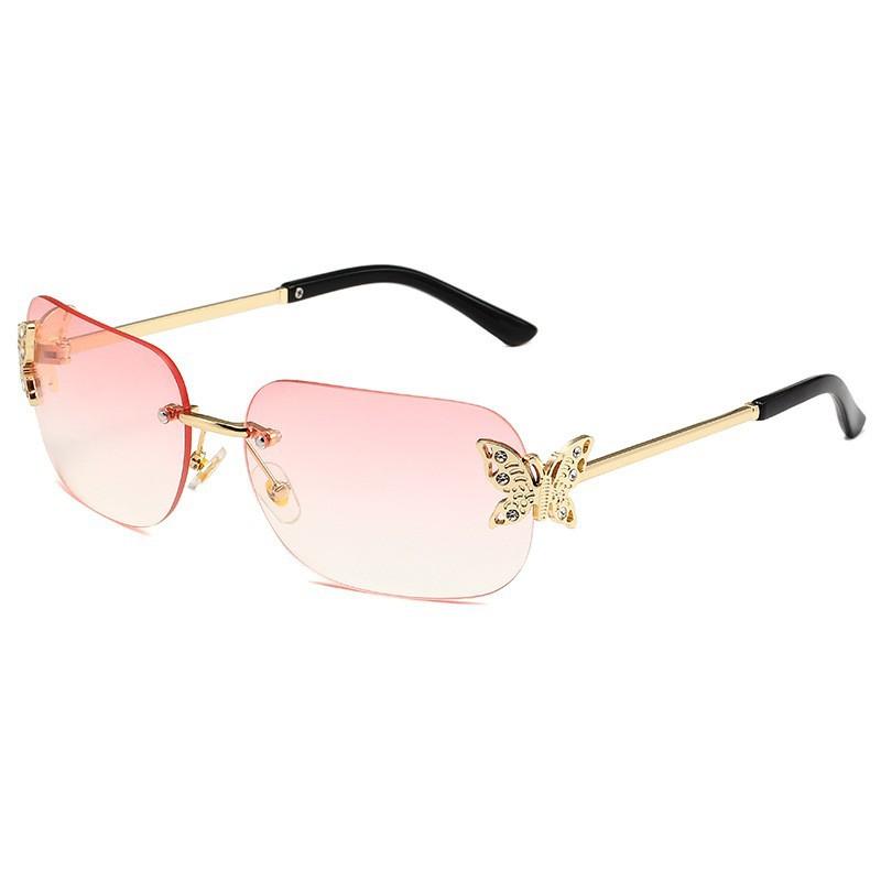 2026 New Rimless Rectangular Butterfly Sunglasses Retro Metal Frame Women’s Street Style Diamond-Encrusted UV400 Shades Eyewear