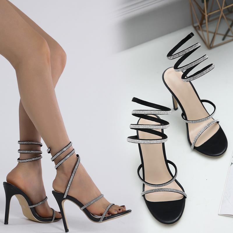 Fashion 2025 Rhinestones Snake-Like Winding Super High HeelsSummer New Fine And Pointed Rhinestones All Wear Net Red Tide Heels