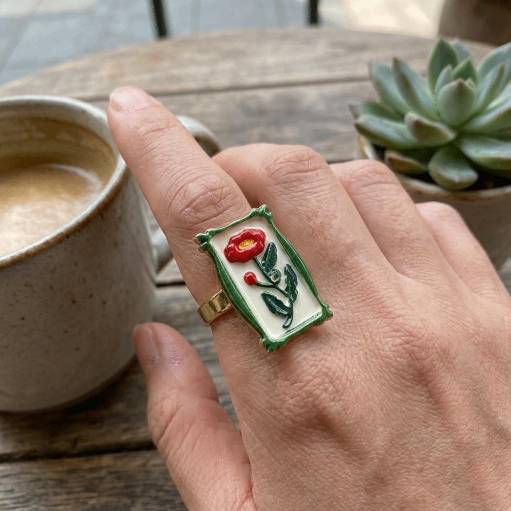 Pomegranate Printing Ethnic Style Ring Photo Frame Vintage Zinc Zinc Alloy Geometric Ring Gift