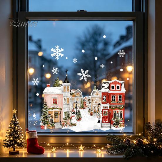 Transparent Christmas Ornaments Static Window Clings, Snowy Town House Snowflake Glass Decals, Reusable Clings Xmas Stickers, Holiday Decor