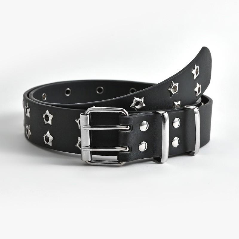 Korean Style Cutout Punk Leather Belt with Star Eyelet Decoration, Double Row Design for Women - In Stock.