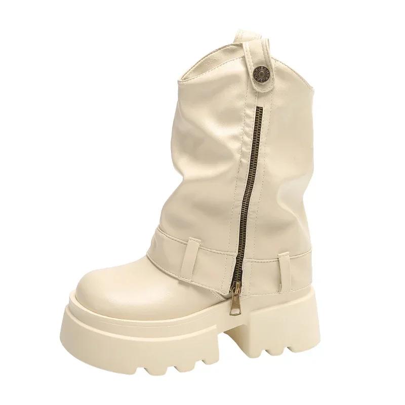 6CM Weiches Leder Knöchel Mid-Calf Stiefel Winter Herbst Hohe Plateau Keil Moderne Stiefeletten Frau Neu Damen Chunky Motorradstiefel