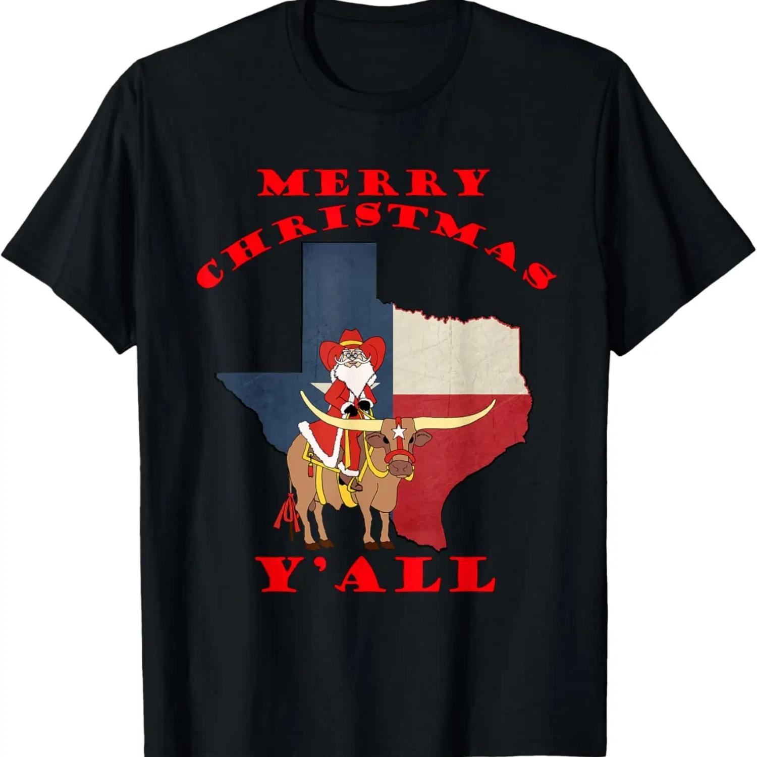 Texas Merry Christmas Y all Santa On Bull Design T-Shirt S