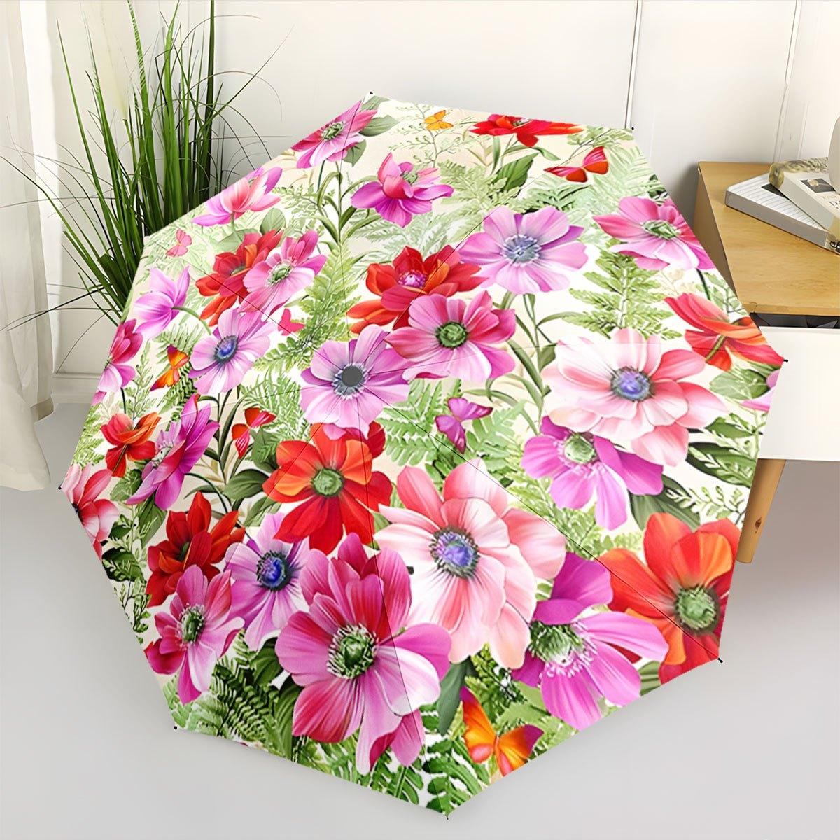 Open/Close Portable Folding Umbrella with Floral Design (Pink/Red/Purple/Green, Anemones & Poppies) - Compact Travel Umbrella