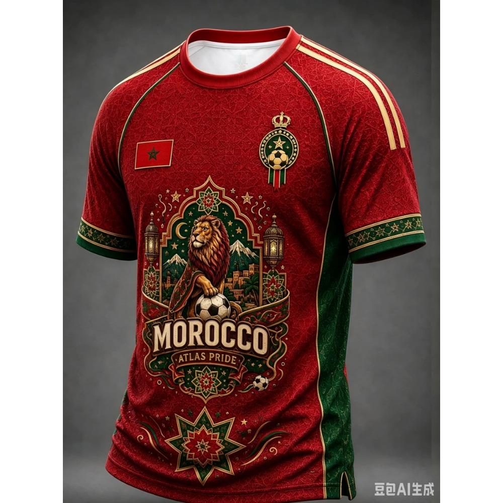 Huiteng 2026 Nieuw Marokkaans Voetbal Fan T-shirt, Heren Rood Letterprint Korte Mouw, Casual Sportshirt voor Team Voetbal Supporters 3XL