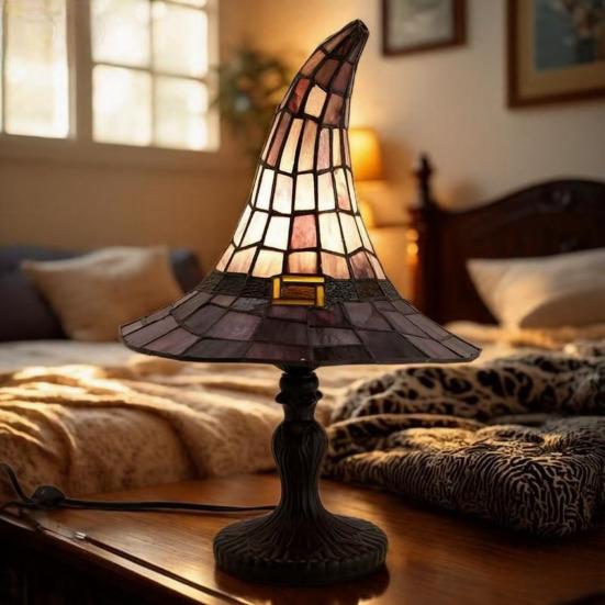 Stained Glass Witch Hat Lamp, USB Powered Resin Night Light, Gothic Halloween Table Lamp for Bedroom Bookshelf Mantel Party Decor