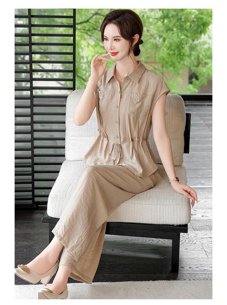 2026 Summer Casual Set for Moms: Elegant Lapel Short-Sleeve Chiffon Top for Middle-Aged & Elderly Women