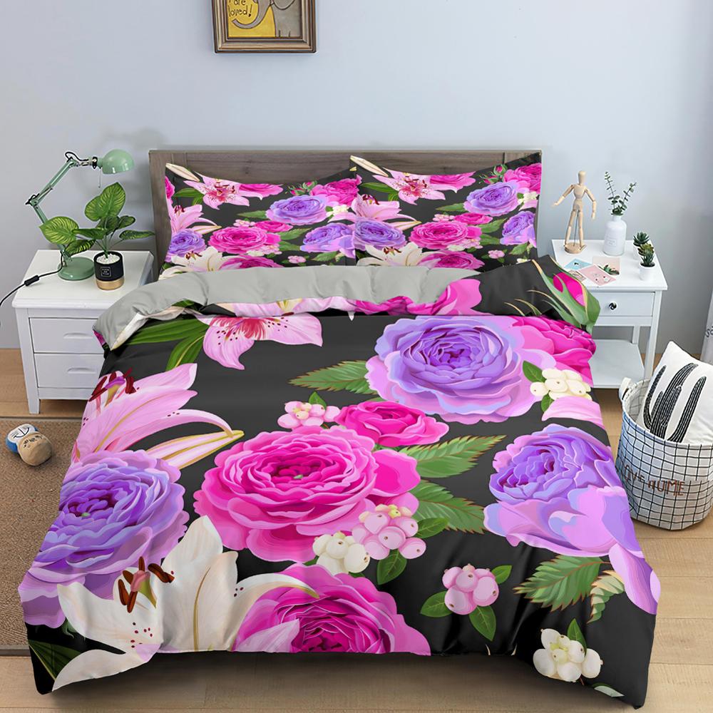 Red Rose King Queen Duvet Cover Valentine's Day Wedding Couple Flower Bedding Set 2/3Pcs Love Heart Floral Polyester Quilt Cover