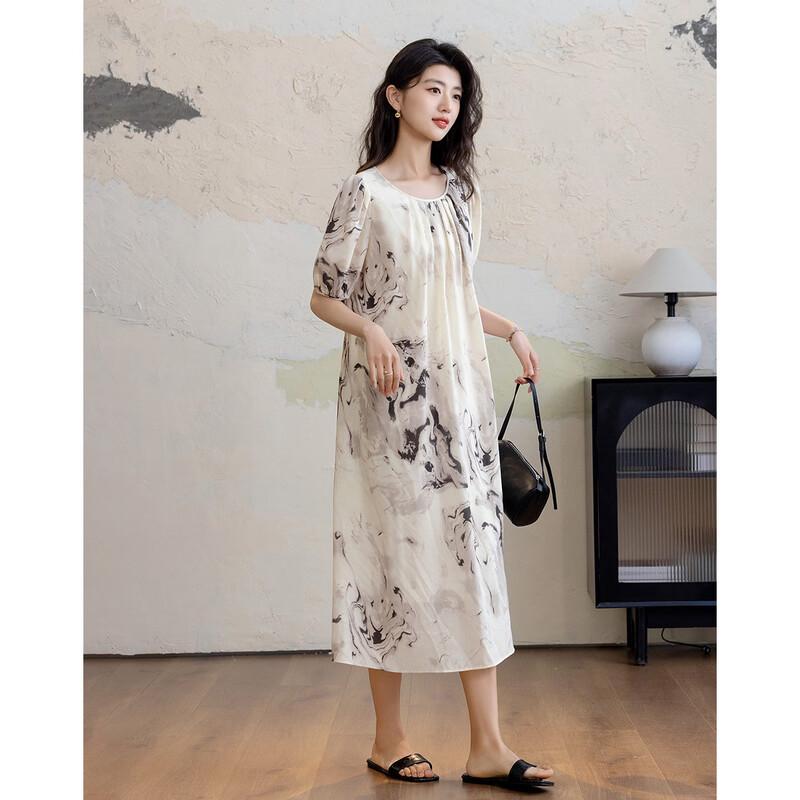 Demana New Chinese Style Printed Puff Sleeve Midi Dress