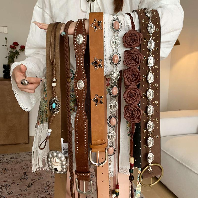 Retro Bohemian Floral Waist Rope Rose Jeans Decor Dress Waist Chain Skirt Accessories Ethnic Style Bead Waist Belt For Women
