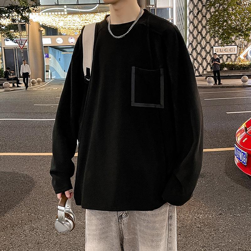 Весна Осень Футболка с круглым вырезом, карманом и пэчворком, мужская, свободная, повседневная, универсальная, базовая толстовка, мужская футболка M