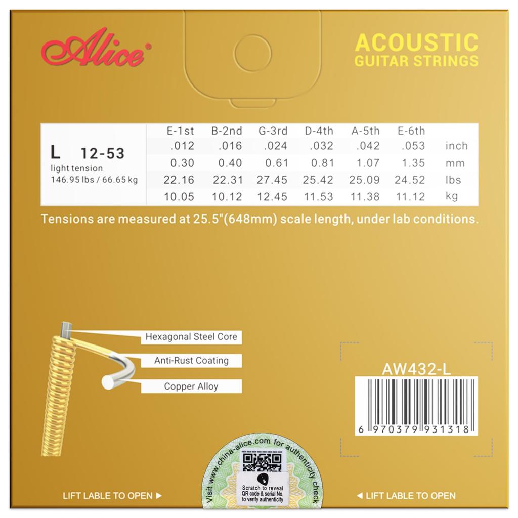 Manufacturer Alice Acoustic Guitar Plated High Carbon Steel Copper Alloy Light Gauge [Genuine Product] Strings, + 85/15 Wound, 6-Pack, AW432-L