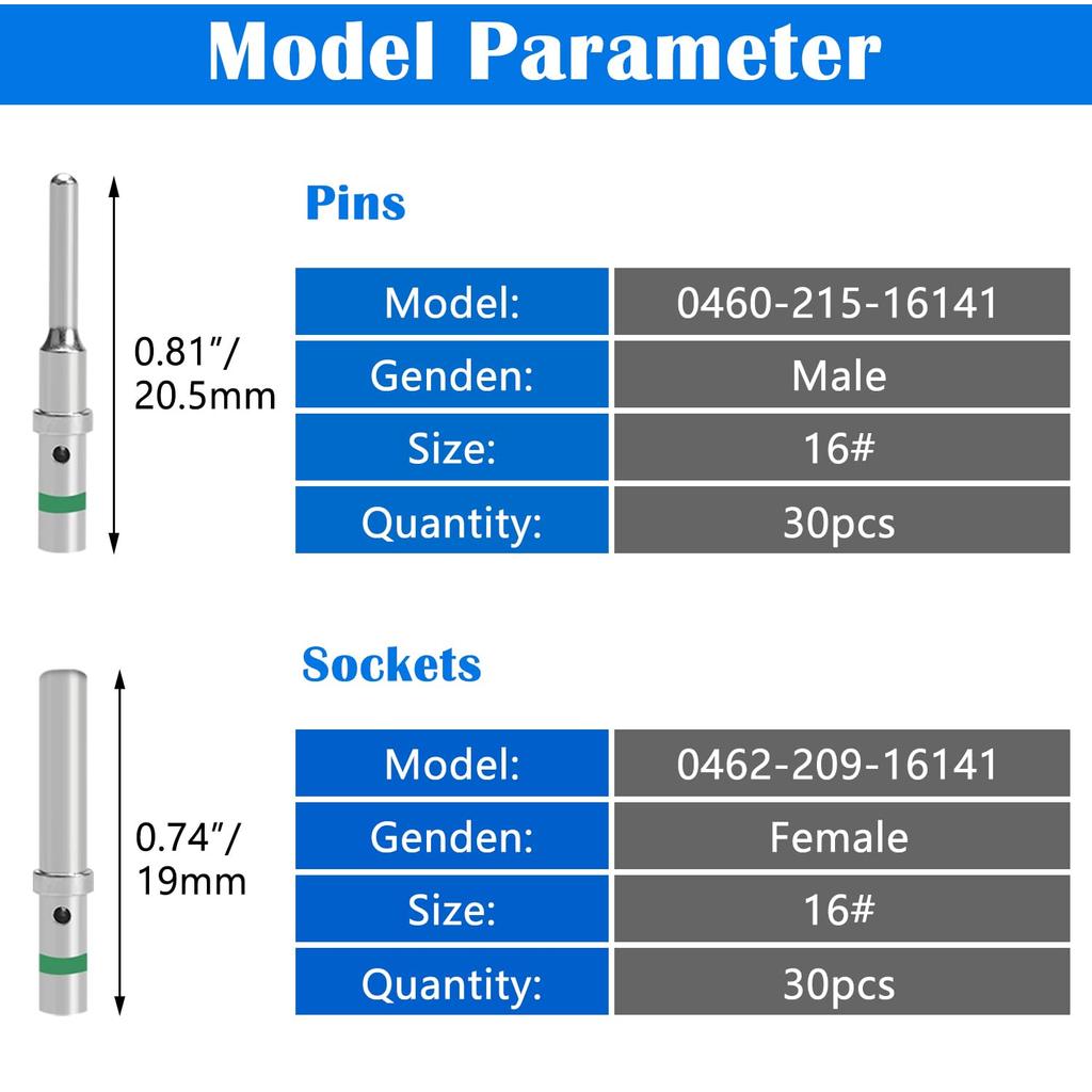 30 Pairs (60PCS) DT P Contact Size 16 Male Female Terminals, DT Connector/Terminal Kit for Deutsch Connector 14-20 AWG Wire Gauge