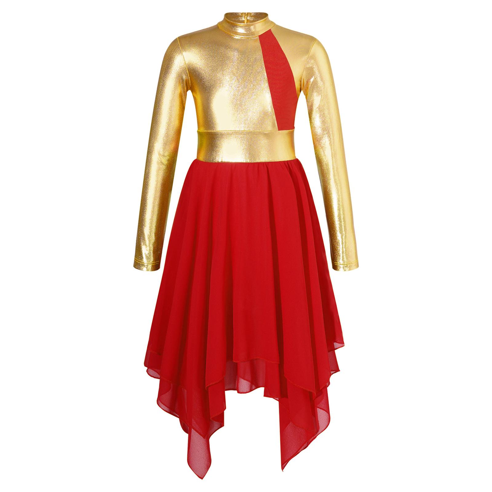 

Платье для танцев с длинным рукавом для девочек, воротник-стойка, бронзовая ткань, пэчворк, контрастный цвет, молния сзади 5-6 Years красный