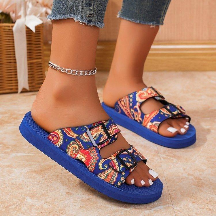 European and American foreign trade large size belt buckle light foam bottom one-word slippers women wear colored graffiti beach cool slippers