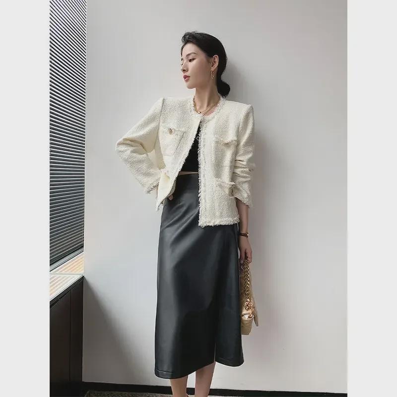 PU Leather A-Line Skirt: Autumn/Winter 2025, Slimming Mid-Length with Slit, Versatile Korean Style for Women