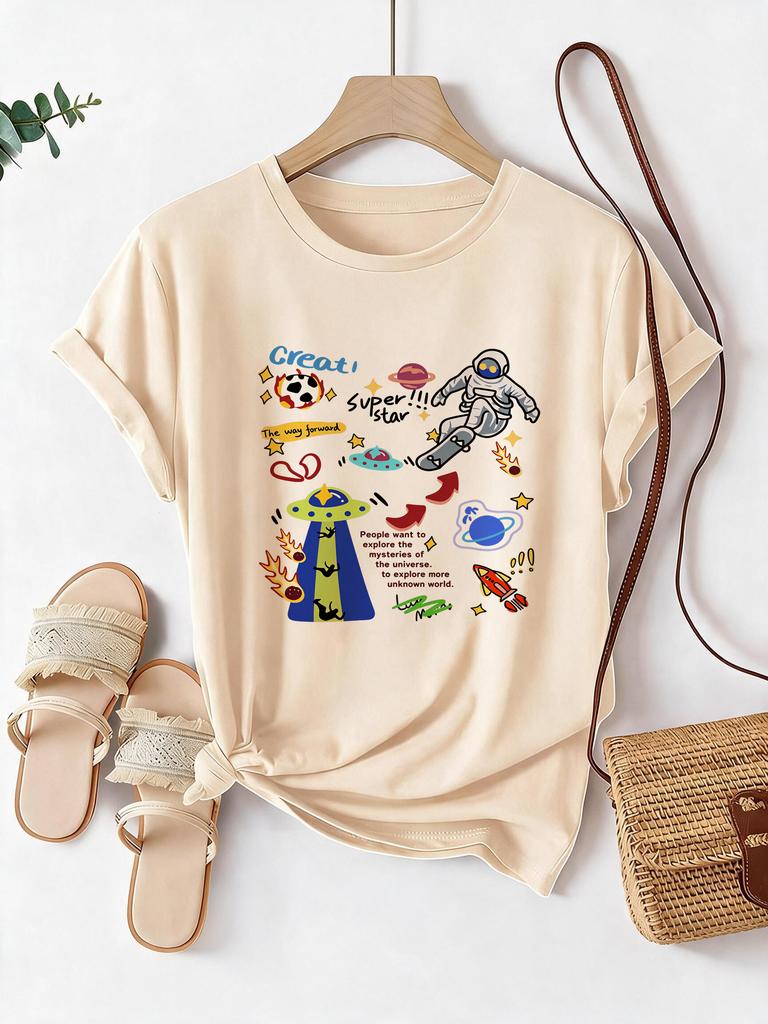 Funny Unisexs Crew Neck Short Sleeve T Shirt With Space And Astronaut Design Print Graphic Y2k Tops Outfit Clothes Female Tshirt