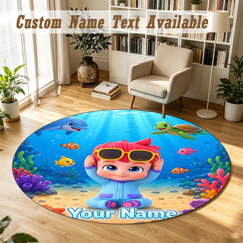 Round Rug Custom NameBaby Shark Pattern Non Slip Carpet Home Floor Decor