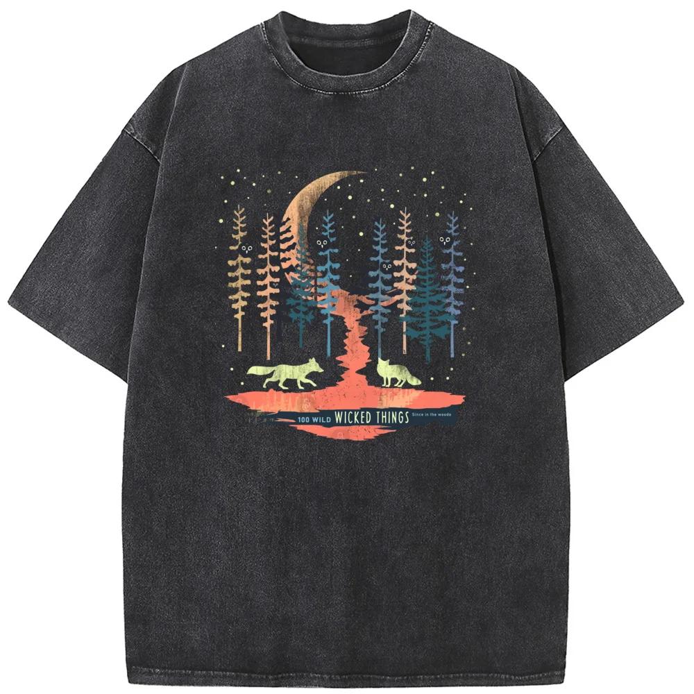 Camiseta Unisex Lavada Floresta Novidade Algodão Verão Gola O Descolorida Camiseta Engraçada Casual Solta Bleach Tops Tee