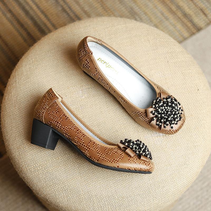 Fashion Women's Shoes Spring New Thick Heel Cowhide Shallow Mouth Single Shoes Printed Beaded Wedding Party Fashion Women Pumps
