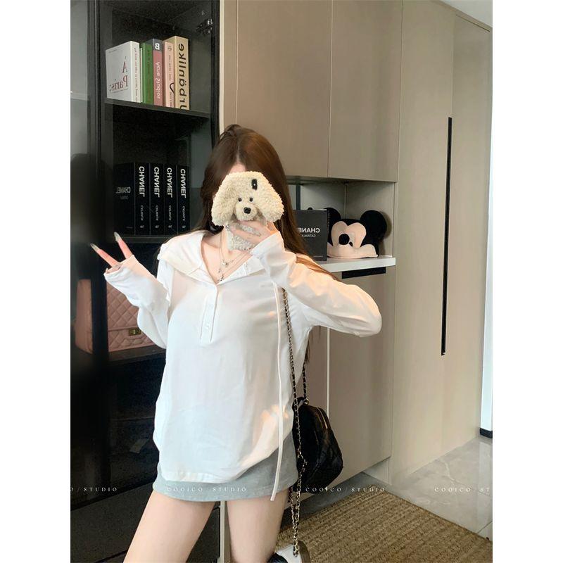 Kumikumi Idle Style Gray Hood Button Long sleeves Shirt Women Autumn Niche All-Match Loose Slimming Top