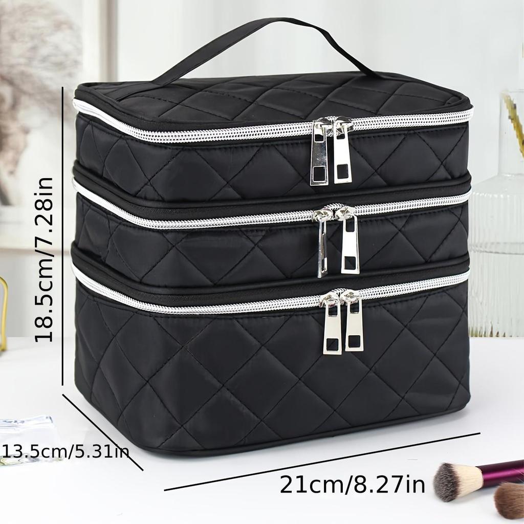 Stilvolle und leichte Kosmetiktasche mit großem Fassungsvermögen, schwarzem Gittermuster und dreilagiger Aufbewahrungstasche, tragbare Handtasche, geeignet für den Heim- und Reisegebrauch