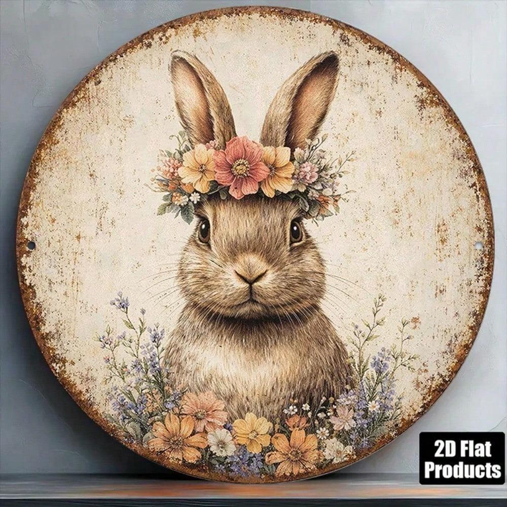Vintage Rabbit Wreath Wooden Plaque 8x8in Spring Pastoral Wall Art