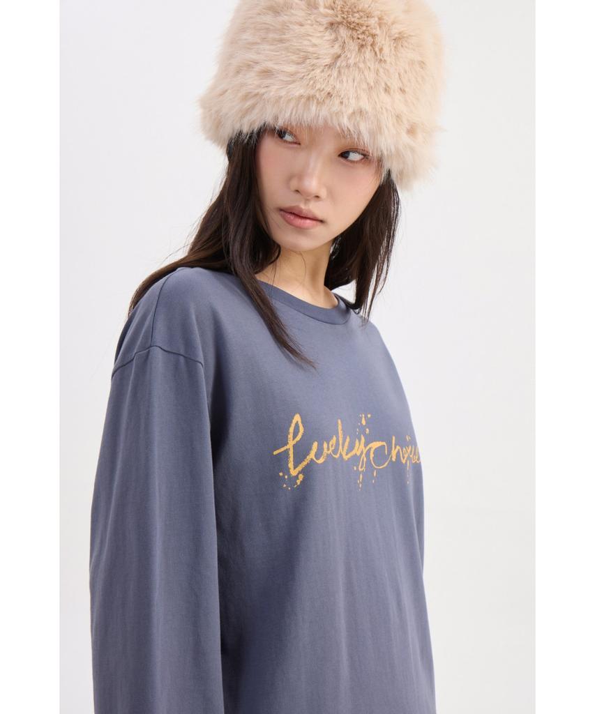LUCKY CHOUETTE Lettering Point Loose Fit Long Sleeve T-Shirt (Dark Blue) Lftaw25320Bud