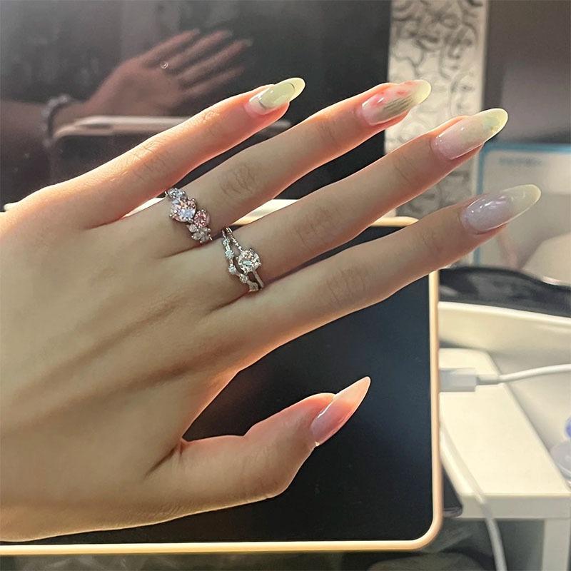 Light Luxury silver rings Fashion Commuter Style Pink Crystal Rings for women Party Wedding Romantic