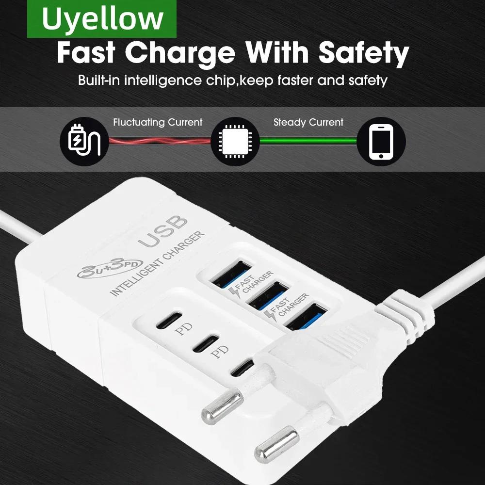 6Ports Multiport USB Charger 35W PD Type-C Mobile Phone Fast Chargin Quick Type C Wall Chargers TypeC Hub Adapter EU US Plug