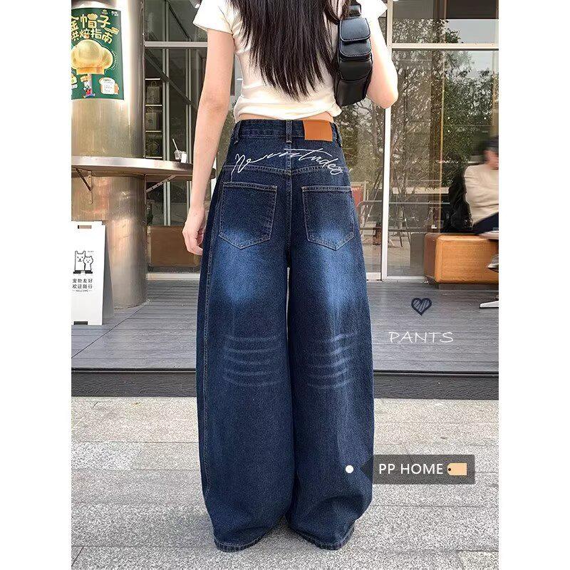 Unisex American Retro Embroidered Scimitar Jeans - Summer Loose Fit, Casual Wide Leg Deconstructed Pants