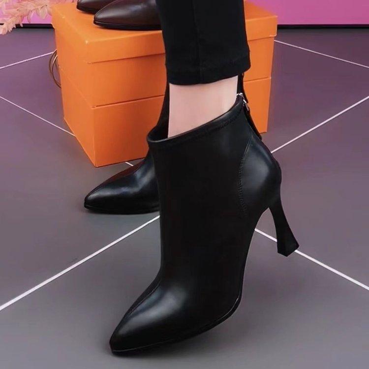 Winter New Comfortable Soft Leather Pointed Temperament Women's Boots Soft Sole Soft Surface Single Boots Autumn and Winter Zipper Short Boots Women