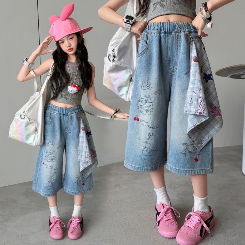 Summer 2026 Cartoon Graffiti Girls' Wide-Leg Jeans - Medium & Large Sizes, Thin Seven-Quarter Length