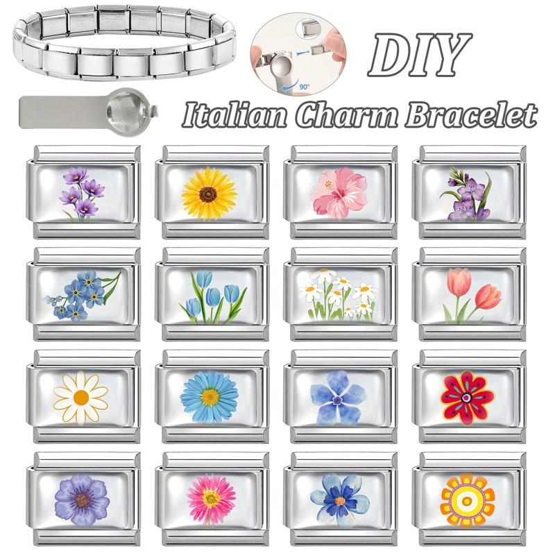 Neuer Y2K Bunter Blumen Früchte Rose Sonnenblume Tulpe Italienischer Charms Glieder Passend für 9MM Edelstahlarmband DIY Schmuckherstellung