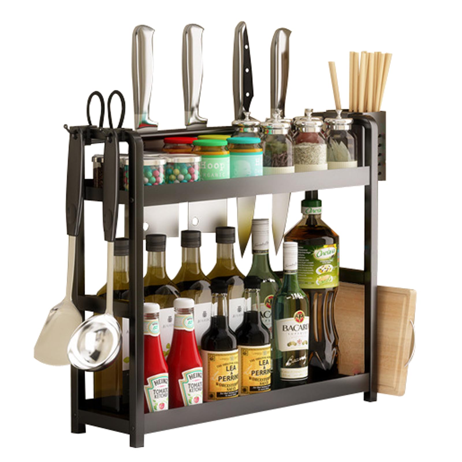 

BLZVVZ 2-Tier Spice Rack, Large Capacity Kitchen Storage Rack, Includes Cutting Board Stand, Chopstick Holder, and Drainer, 2.40cm