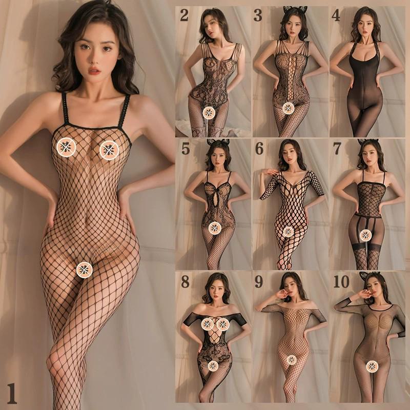 Erotic Black Mesh One-Piece Lingerie Set with Open Stockings - Tempting and Sexy