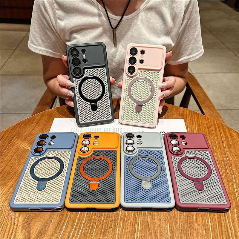 Applicable to Samsung S26ultra magnetic suction bracket mobile phone case s25ultra hollow two-color heat dissipation mesh case protective case